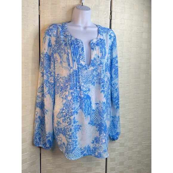 Lilly Pulitzer Size Large Blue Toile Me White Chiffon, ballon 3/4 sleeve. - Picture 14 of 14